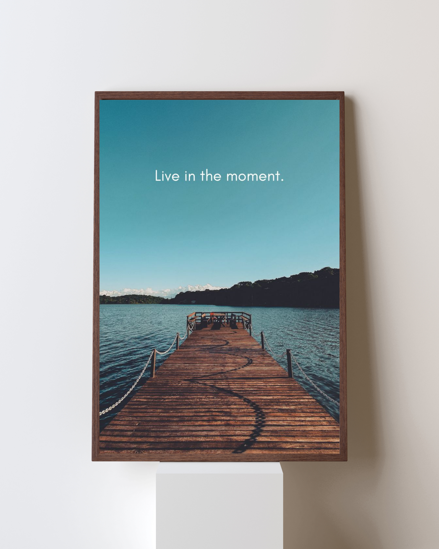 “Live in the Moment” Serene Lake Dock Motivational Poster | Minimal Calm Wall Art