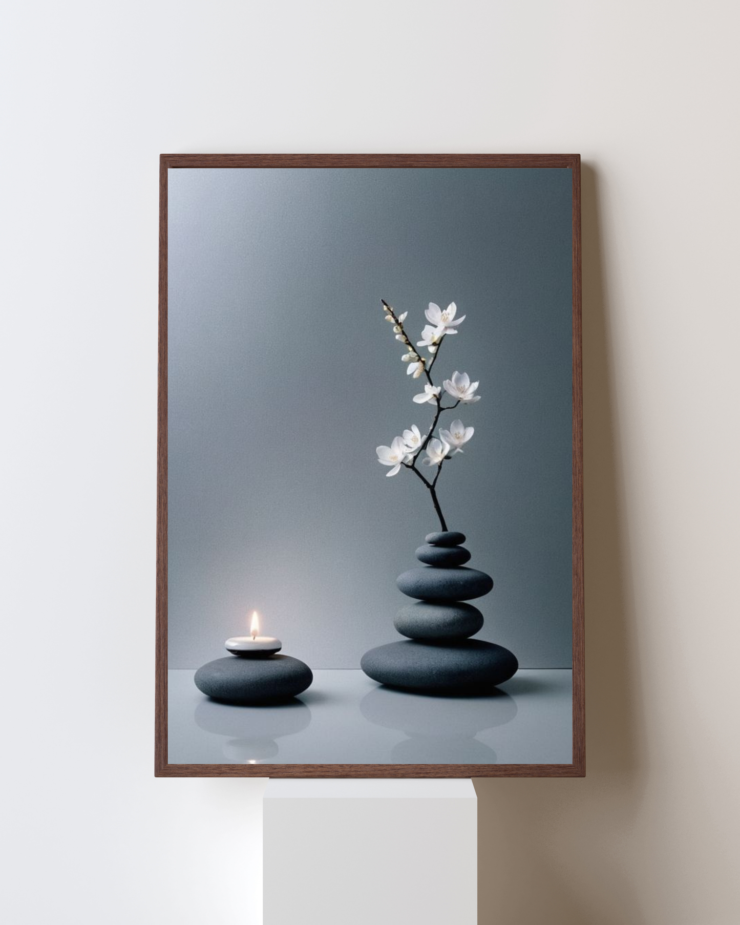 Zen Harmony – Minimalist Stone & Blossom Candle Wall Art Frame
