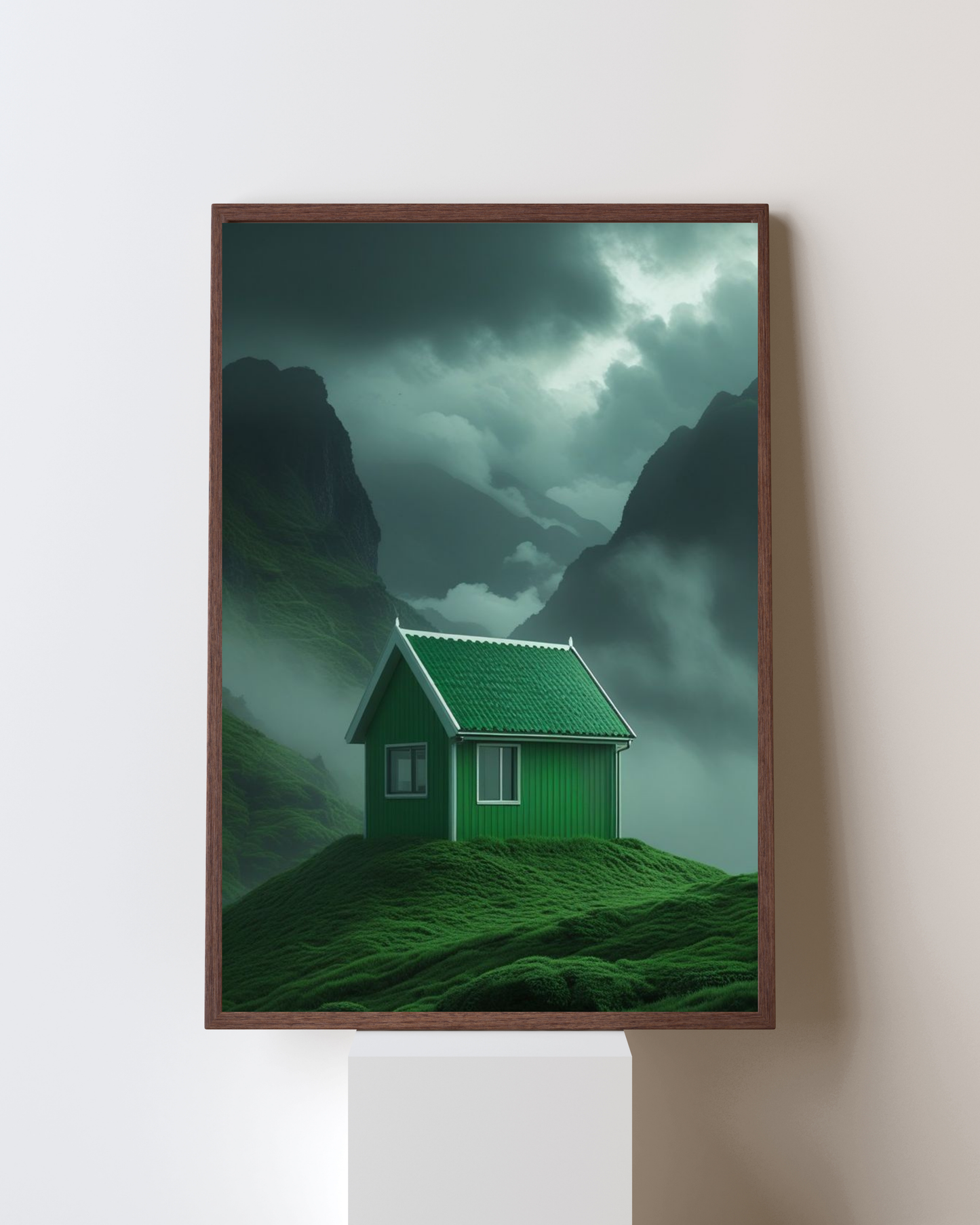 Emerald Haven – Green Cabin in the Misty Mountains Wall Art | Nature Serenity Frame