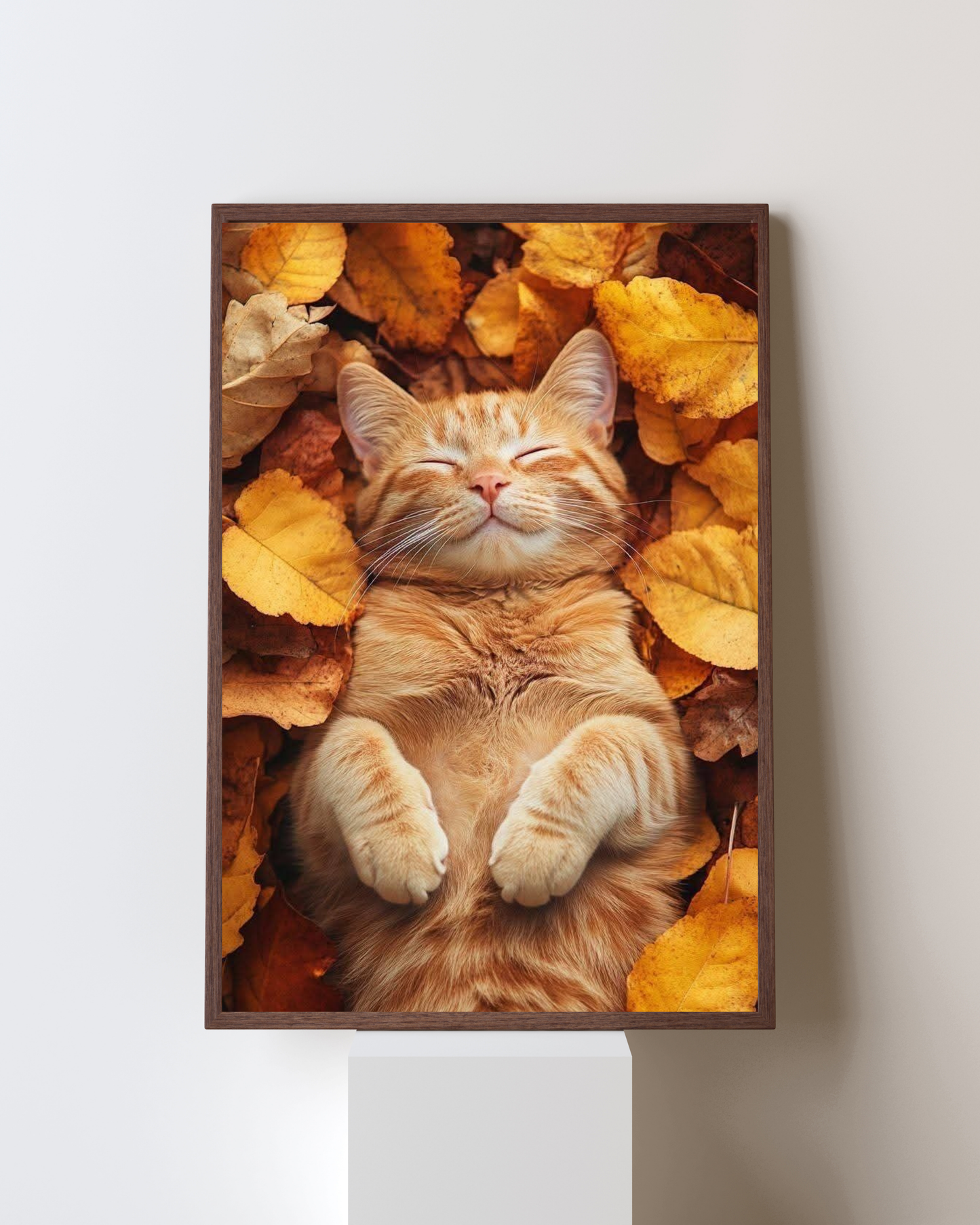 Autumn Nap – Cozy Cat in Fall Leaves Wall Art | Warm Aesthetic Animal Frame