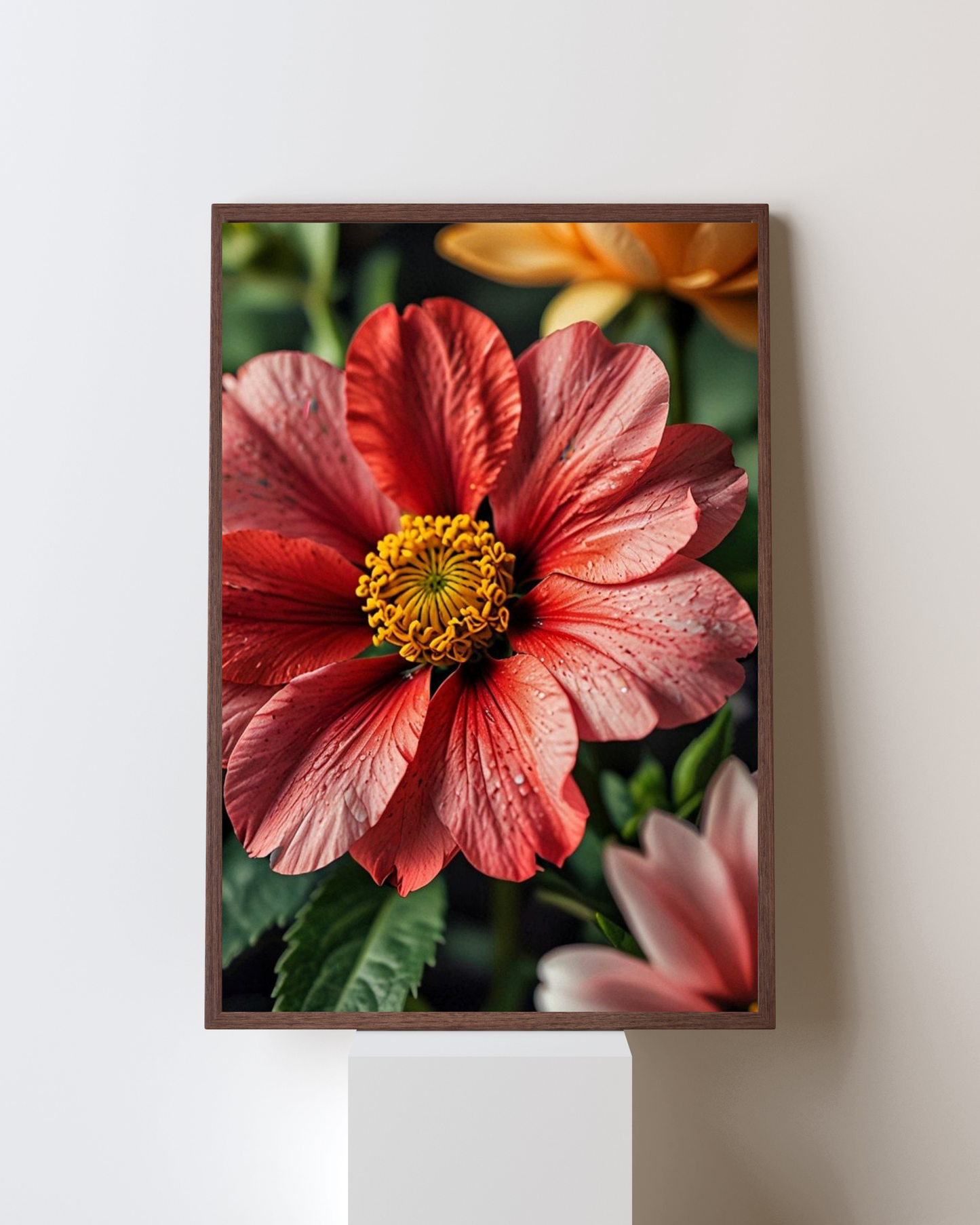 Blooming Frame – Scarlet Radiance Dahlia | Dew Kissed Floral Art Print