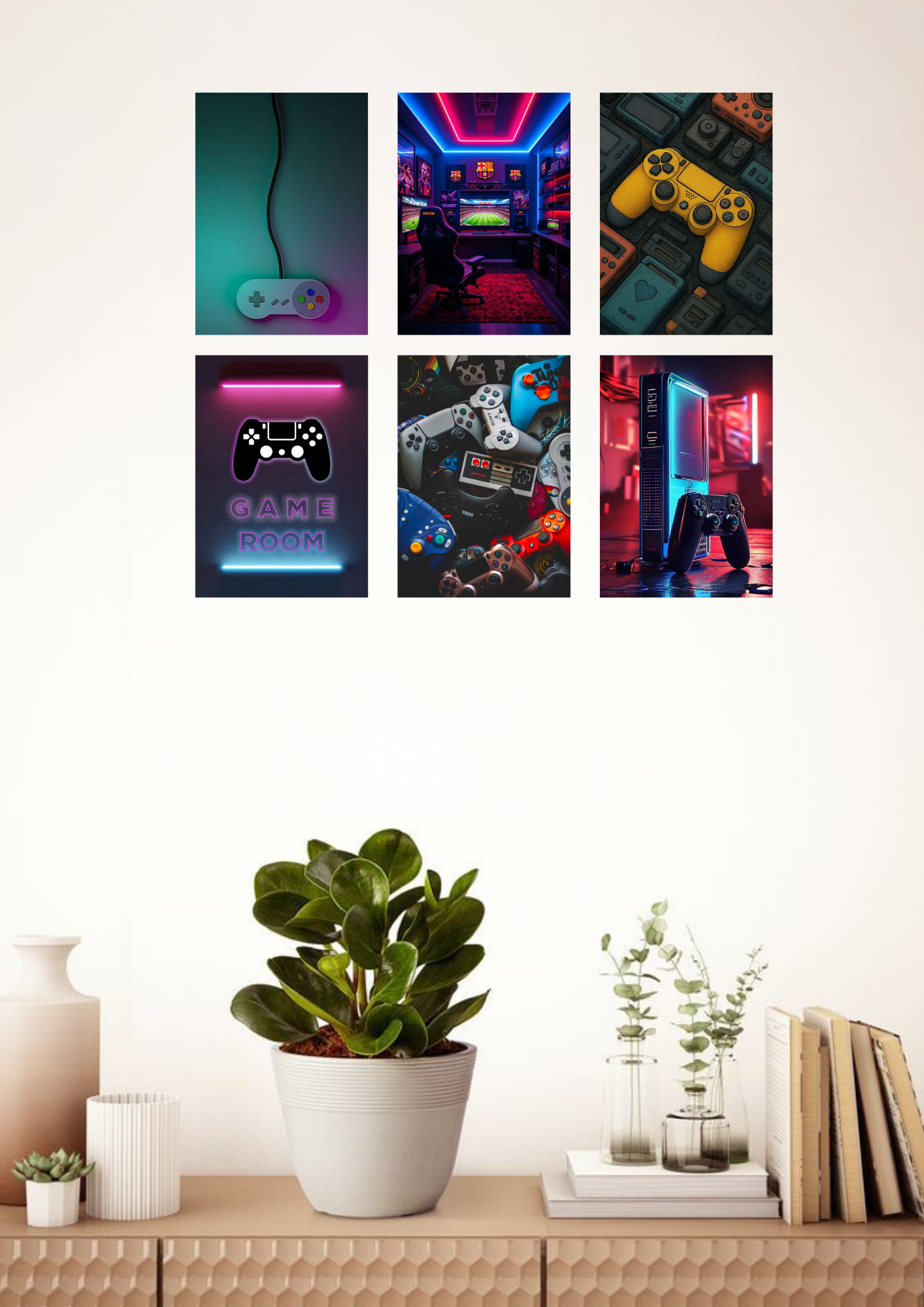 Gamer Room Collage 6 Set Posters – A4 Size | Neon Gaming Setup Wall Art Collection