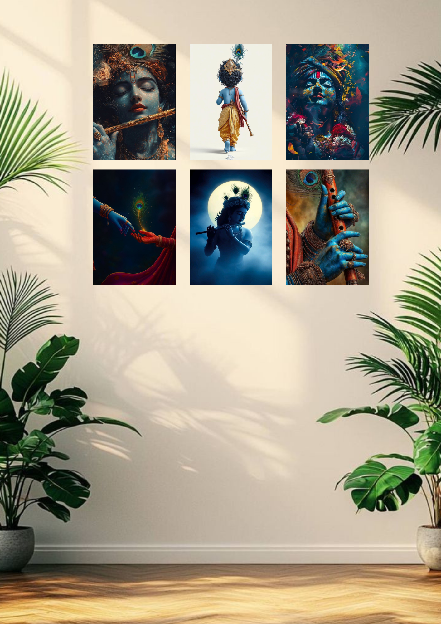 Lord Krishna Devotional Collage Poster Set – 6 A4 Wall Prints | Divine Harmony Collection