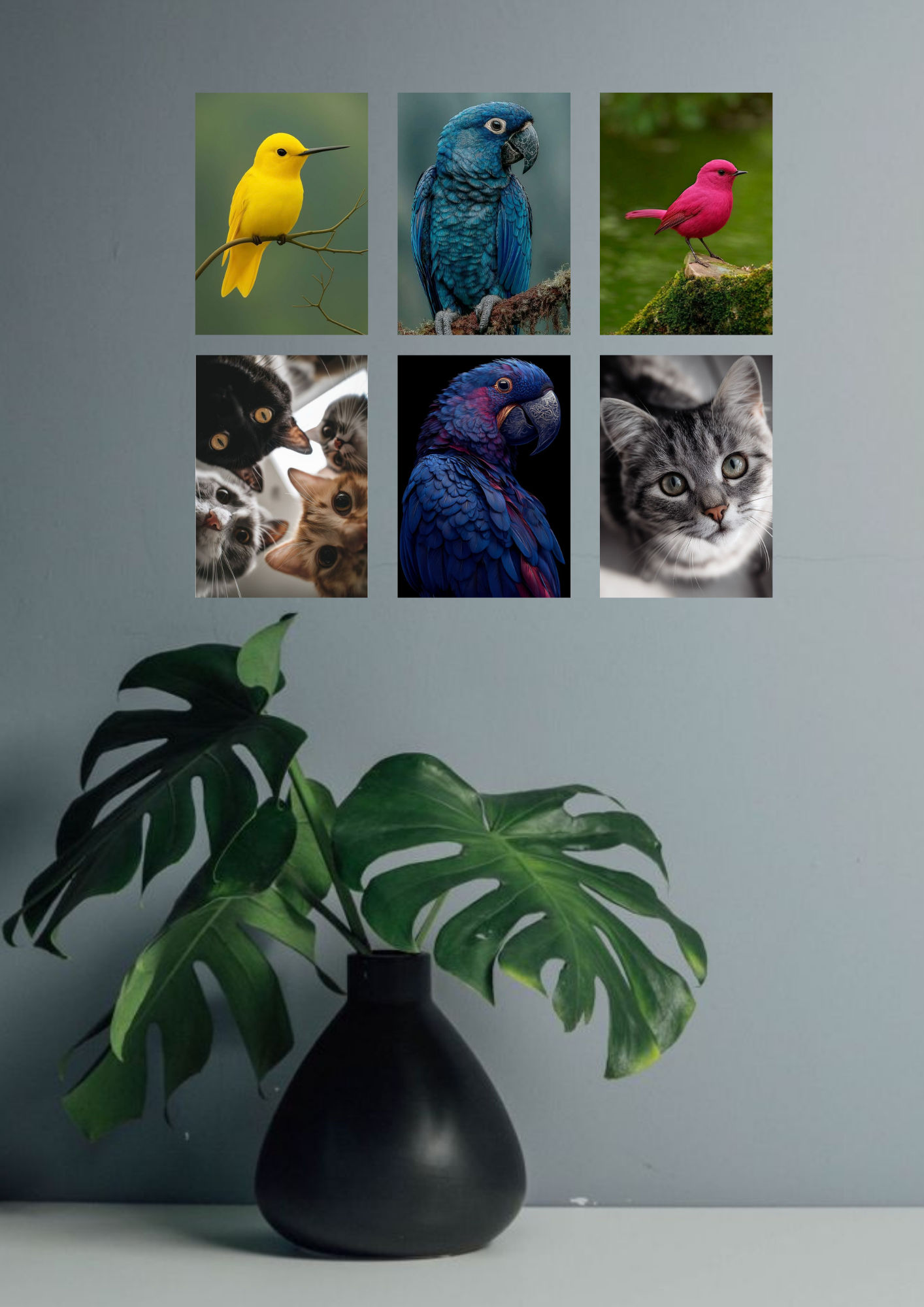 Aesthetic Birds & Cats Collage 6 Set Posters – A4 Size | Colorful Animal Wall Art for Home & Office