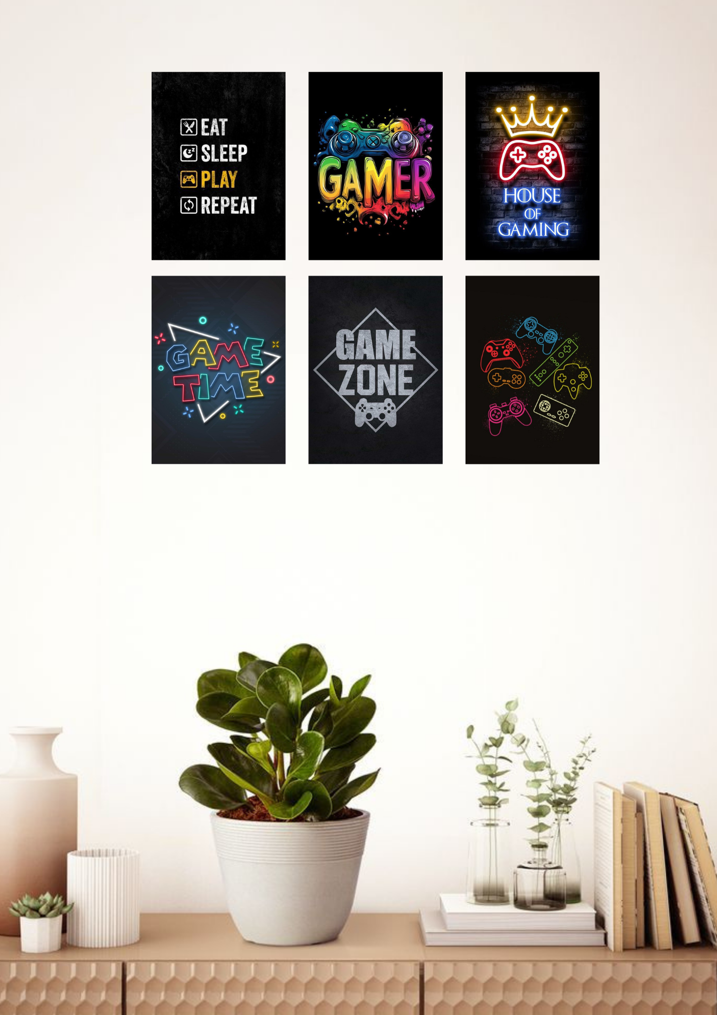 Gamer Life Collage 6 Set Posters – A4 Size | Neon Gaming Room Wall Art Collection