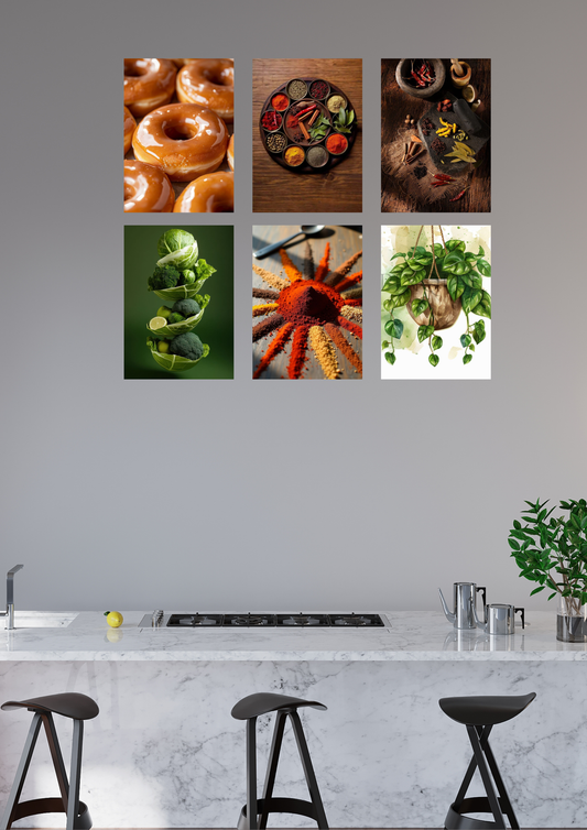 Kitchen Spice & Greens Poster Set – 6 Collage (A4 Size)