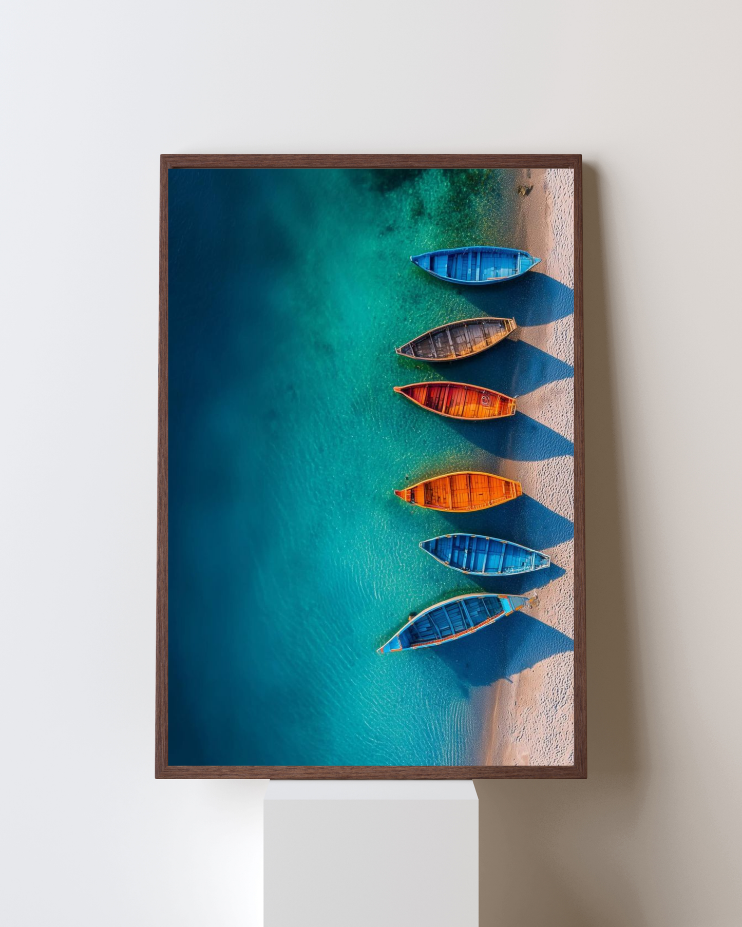 Coastal Harmony – Colorful Boats on Blue Lagoon Wall Art | Beach Aesthetic Frame