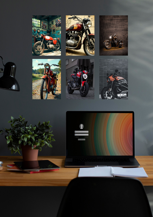 Retro Reds – Classic Motorbike Collage 6-Set Posters (A4 Size)