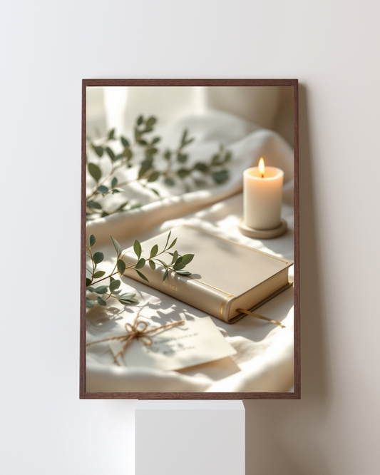 Moments of Peace – Candle & Book Still Life Wall Art | Serene Aesthetic Frame
