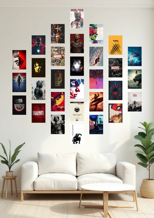 Marvel Edition Poster Collage – 30 Set | A6 Size Superhero Wall Art Collection