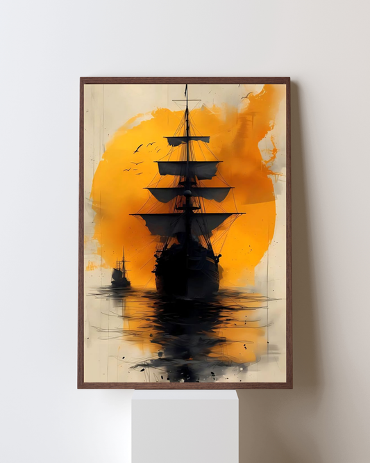 Abstract Ship Silhouette Wall Frame – Nautical Art with Sunset Glow