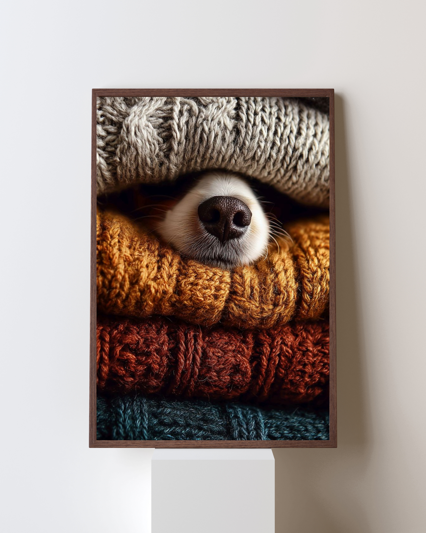 Cozy Snout – Warm Autumn Knit & Puppy Nose Wall Art | Whimsical Aesthetic Frame