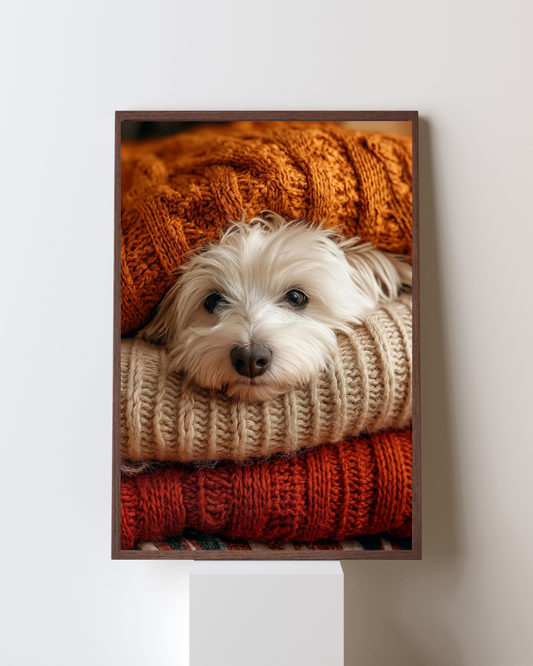 Snuggle Season – Cozy Dog in Knitted Blanket Wall Art | Warm Autumn Aesthetic Frame