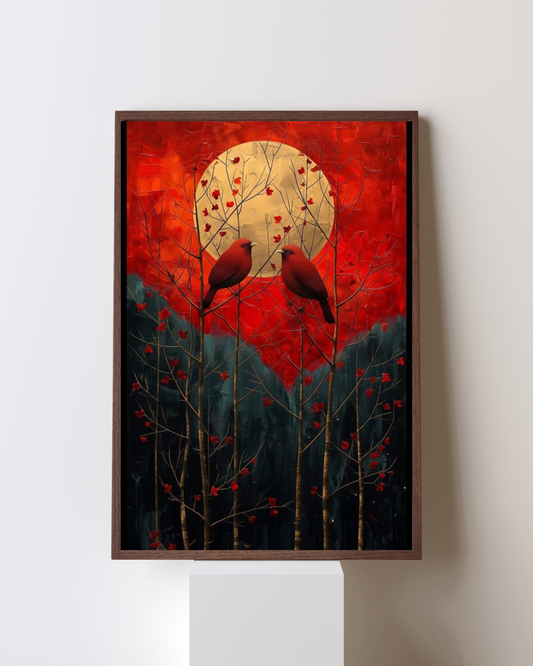 Crimson Harmony – Romantic Red Birds Under Golden Moon Wall Art Frame