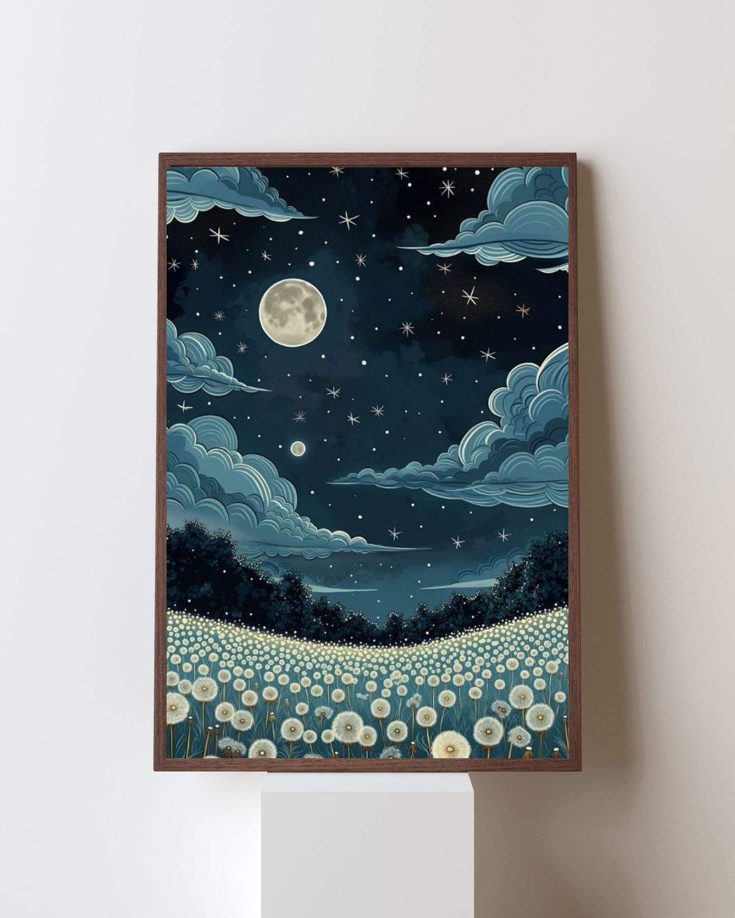 Midnight Wishes – Moonlit Dandelion Field Wall Art Frame