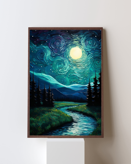 Moonlit River Dreams – Starry Night Landscape Wall Art Frame