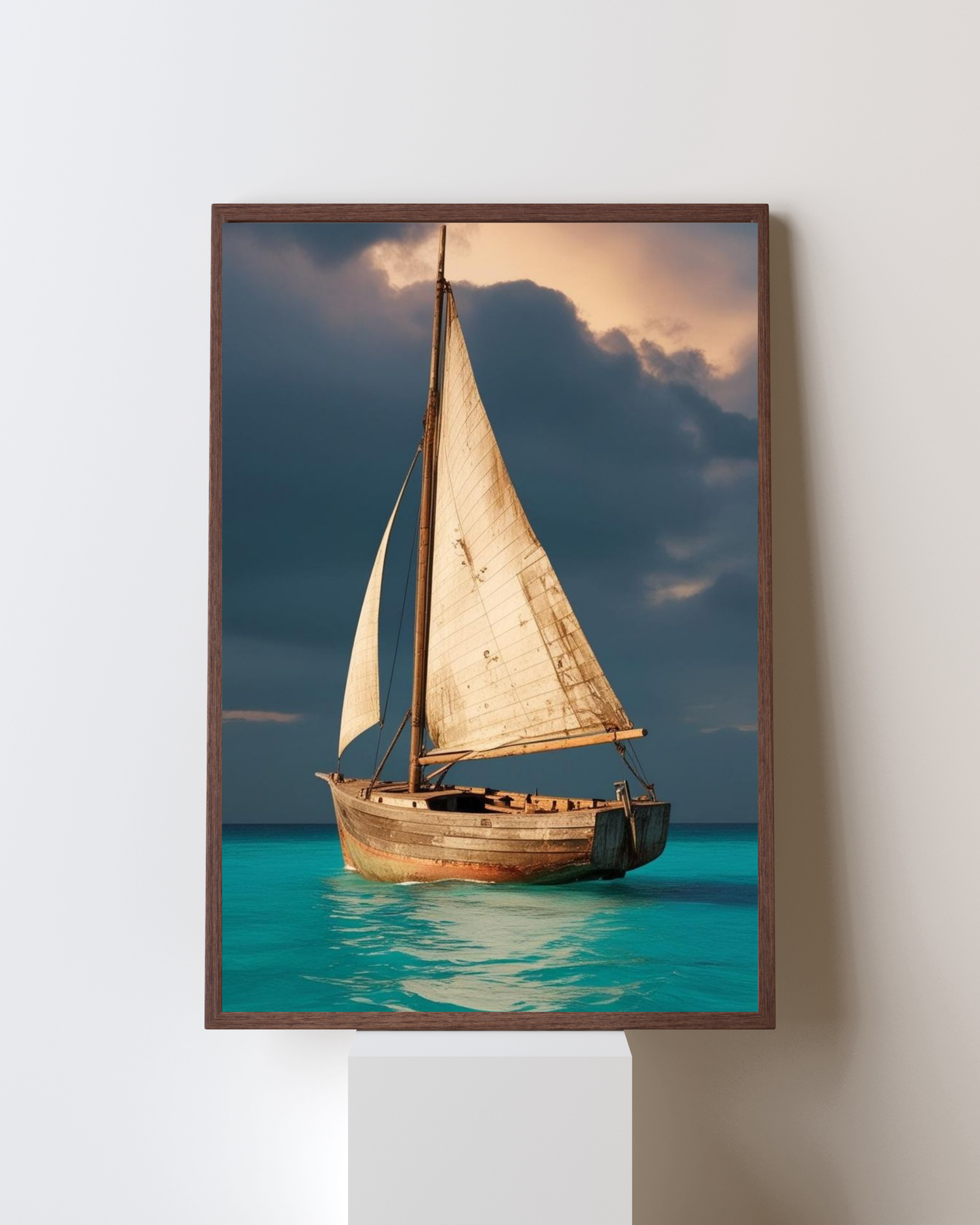 Sail Into Serenity – Vintage Sailboat on Turquoise Waters Wall Art | Coastal Escape Frame