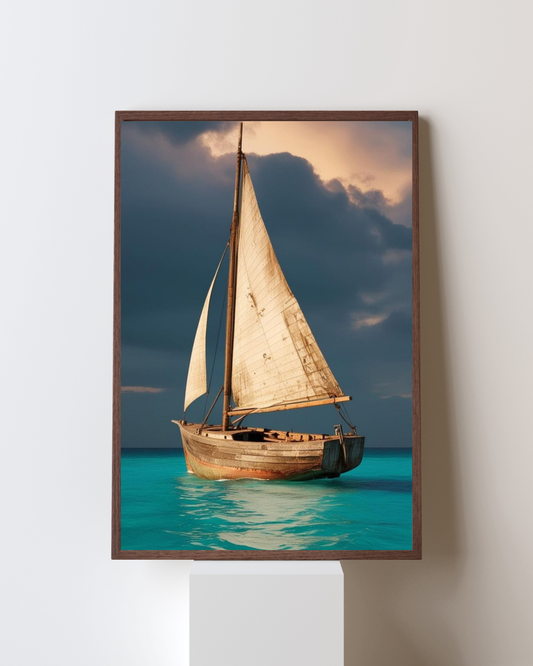 Sail Into Serenity – Vintage Sailboat on Turquoise Waters Wall Art | Coastal Escape Frame