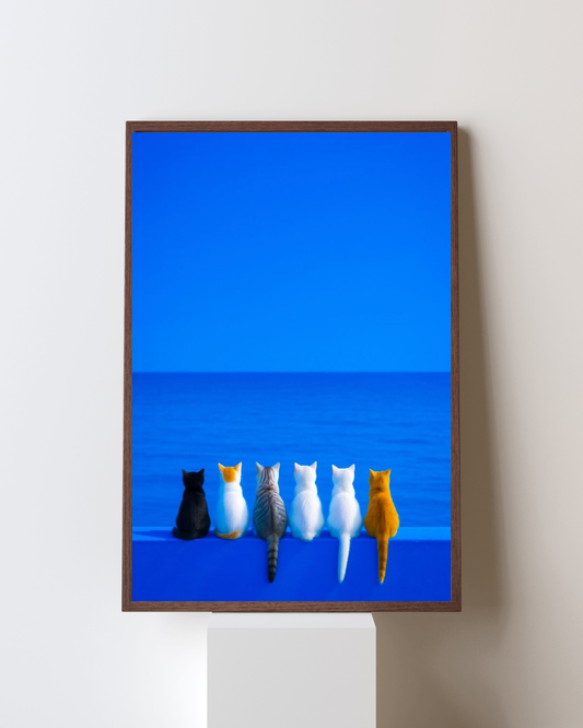 Paws by the Sea – Cat Friends Watching the Ocean Wall Art | Whimsical Coastal Animal Frame