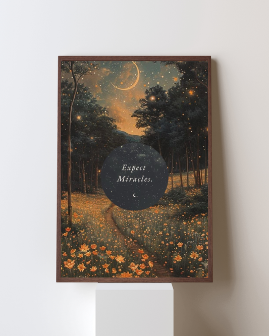 Motivational Frame – “Expect Miracles” | Magical Night Sky & Flower Meadow Art