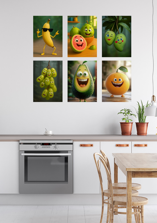 Kitchen Collage Poster Set – 6 A4 Wall Prints | Happy Fruit Collection