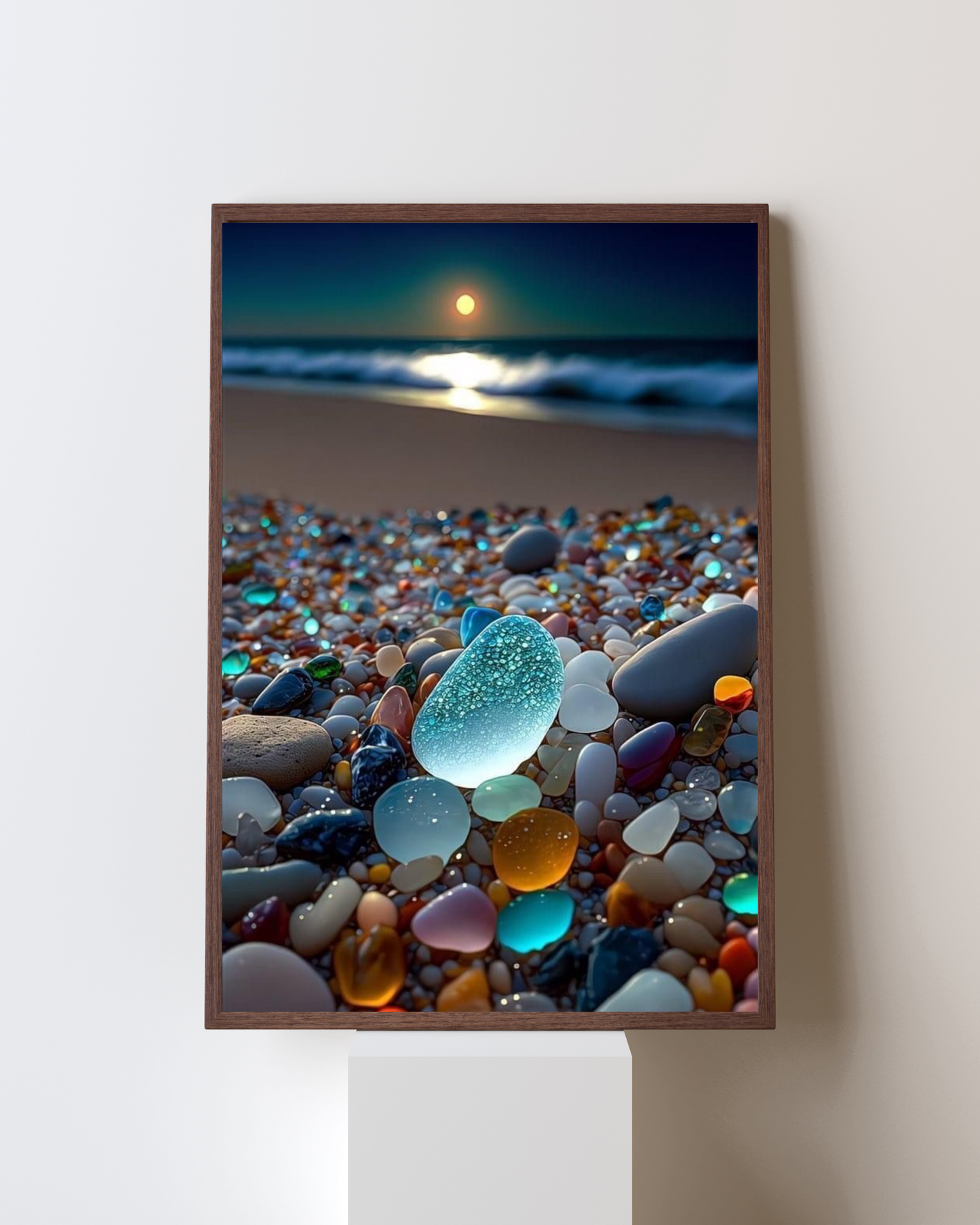 Moonlit Treasures – Sea Glass on the Shore Wall Art | Coastal Serenity Frame