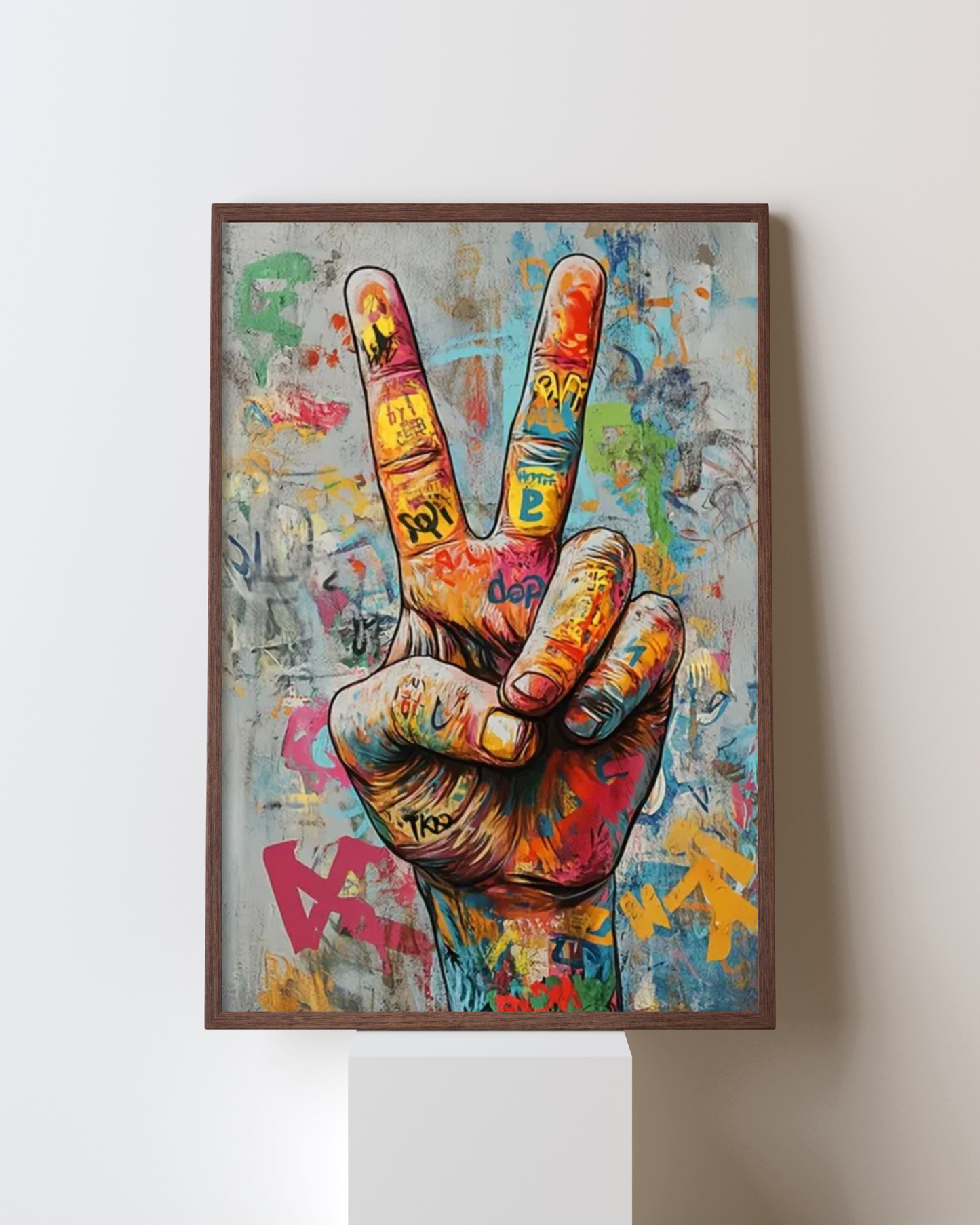 “Vibrant Graffiti Peace Hand – Urban Pop Culture Wall Frame”