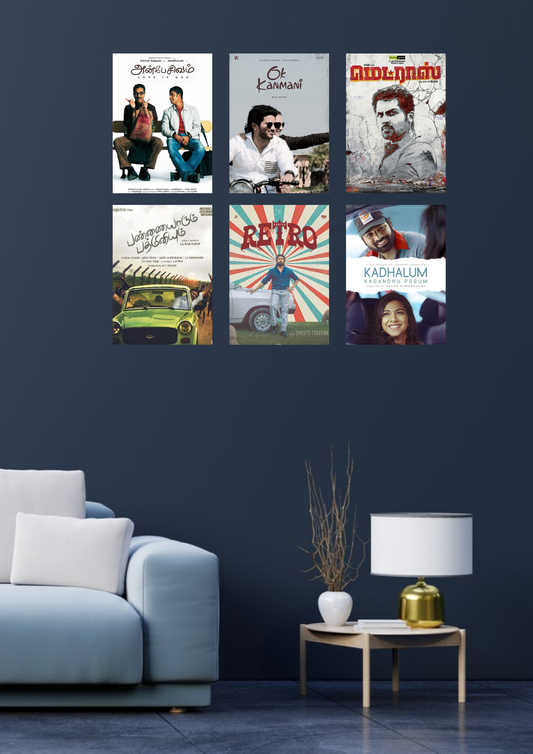 Tamil Movie Edition Collage 6 Set Posters – A4 Size | Modern Kollywood Cinema Wall Art Collection