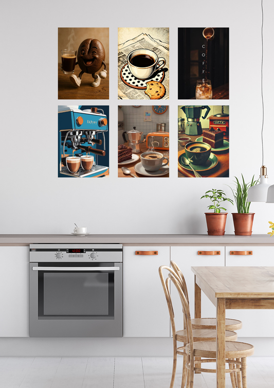 Kitchen Collage Poster Set – 6 A4 Wall Prints | Coffee Time Collection