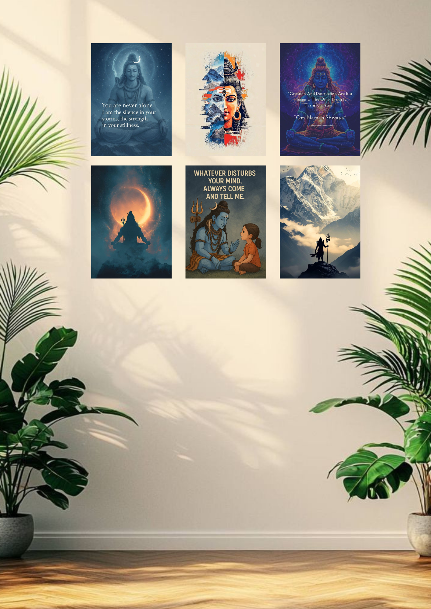 Lord Shiva & Buddha Devotional Collage Poster Set – 6 A4 Wall Prints | Sacred Serenity Collection
