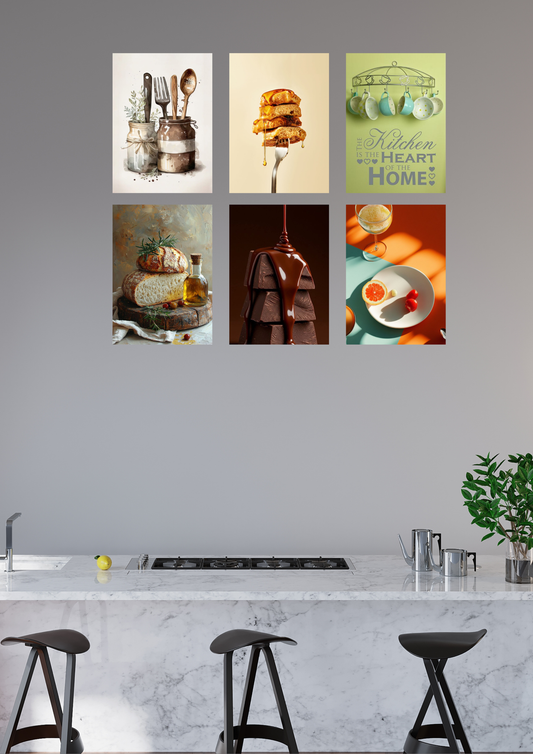 Kitchen Delight Wall Art – 6 Poster Collage Set | Aesthetic Food & Cooking Prints | A4 Size | Home & Café Decor