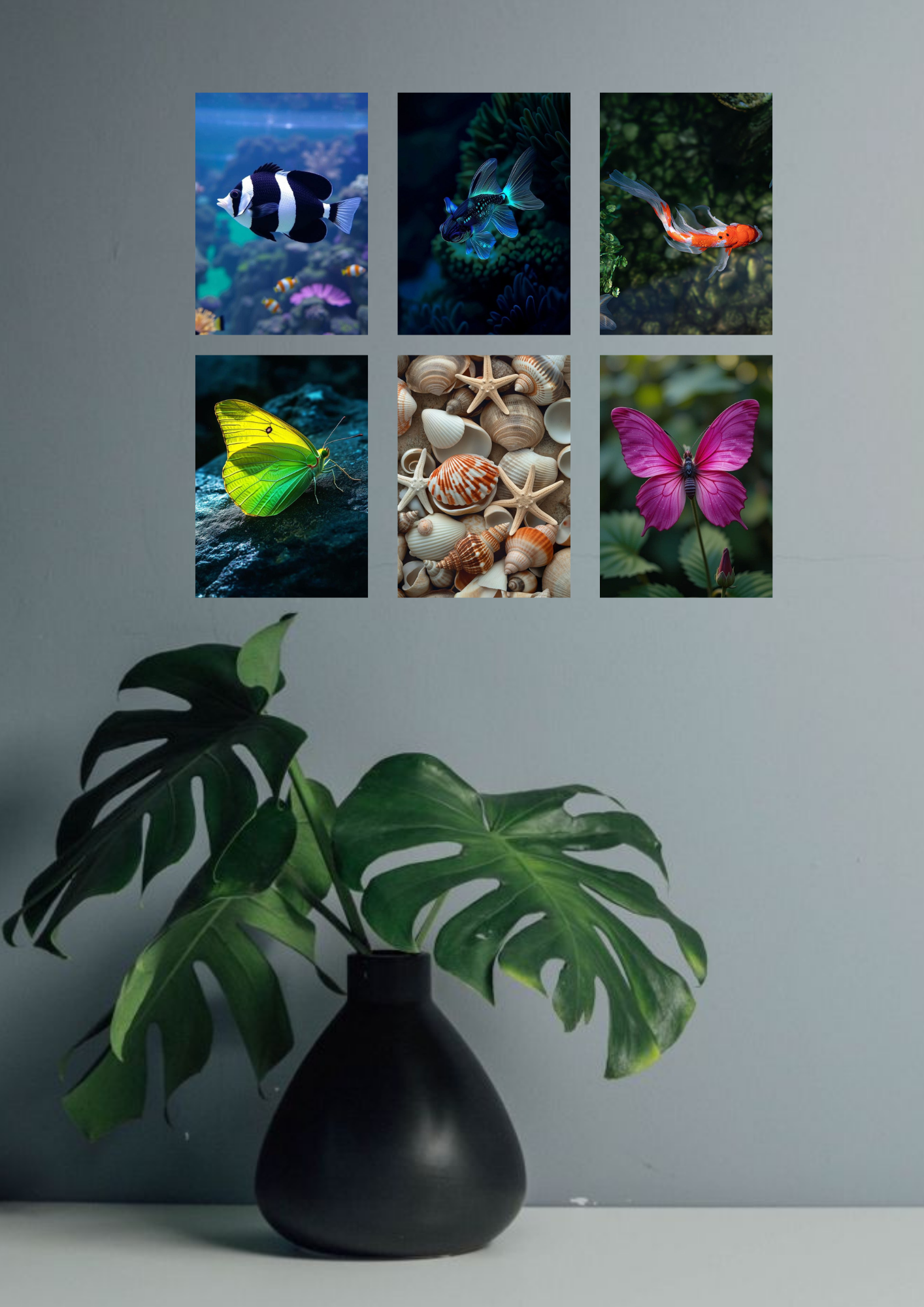 Aesthetic Nature & Ocean Life Collage 6 Set Posters – A4 Size | Marine, Butterfly & Seashell Wall Art Prints