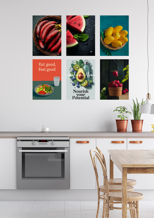 Kitchen Collage Poster Set – 6 A4 Wall Prints | Healthy & Fresh Fruits Collection