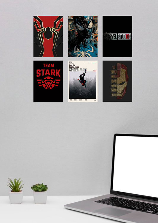 Marvel Edition Poster Collage – 6 Set | A4 Size | Team Stark & Spider-Verse Wall Art Collection