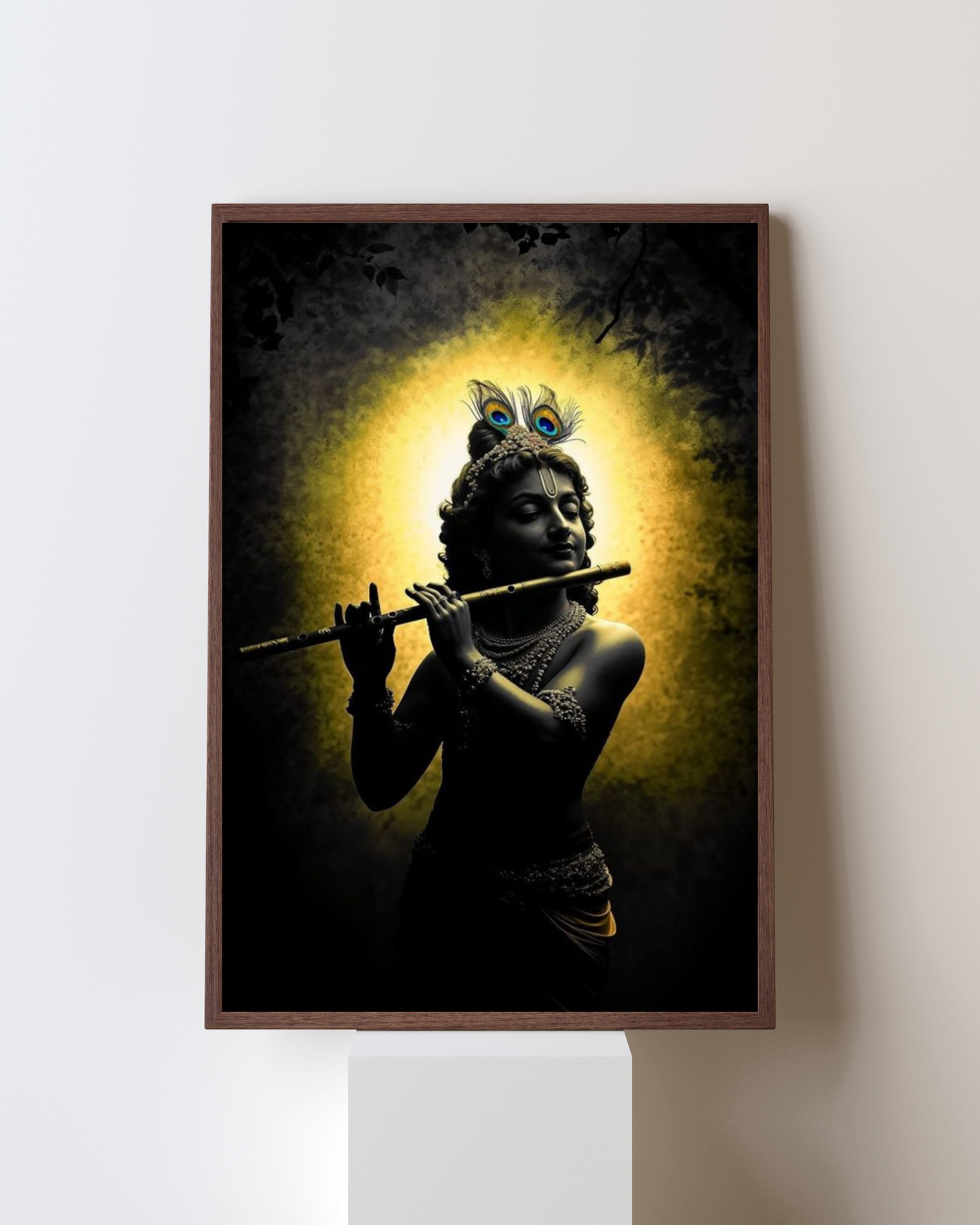 Divine Melody – Lord Krishna in Golden Aura Framed Wall Art