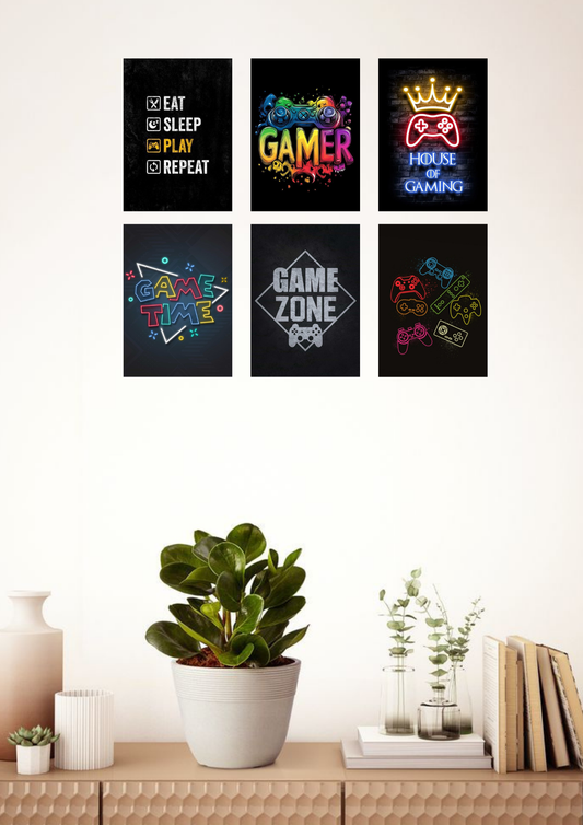 Gamer Life Collage 6 Set Posters – A4 Size | Neon Gaming Room Wall Art Collection