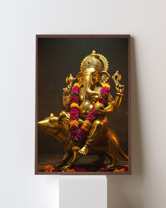 Golden Grace – Lord Ganesha on Mushak Wall Frame